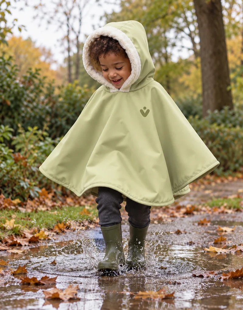 Mode enfant : poncho vert Visualift porté en mouvement dans un jardin